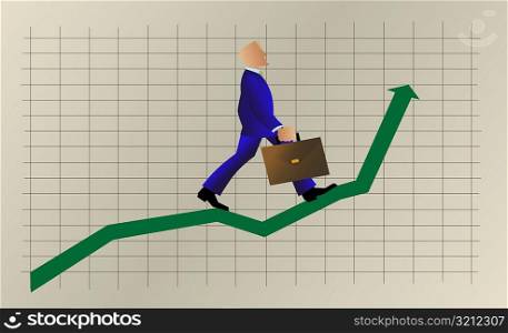 Side profile of a businessman walking up a line graph and carrying a briefcase