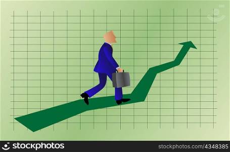 Side profile of a businessman walking up on a line graph and carrying a briefcase
