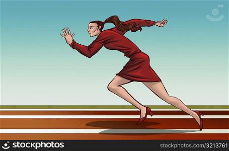 Side profile of a businesswoman running on a running track