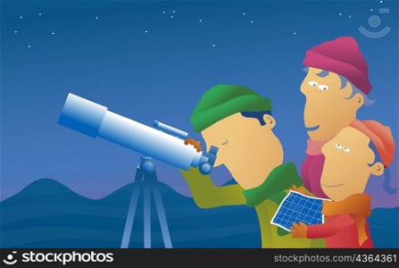 Side profile of a family looking at the night sky with a telescope