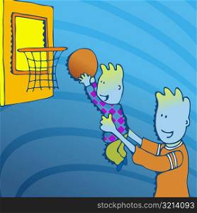 Side profile of a father holding his son up to a basketball net