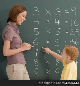 Side profile of a female teacher teaching her student on a blackboard