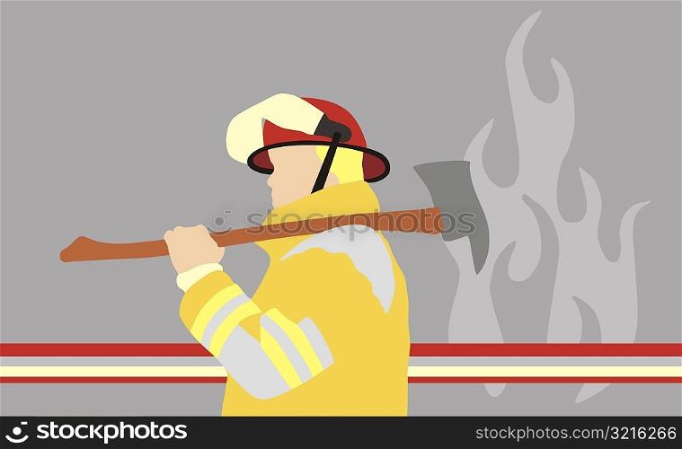 Side profile of a firefighter holding an axe over his shoulder