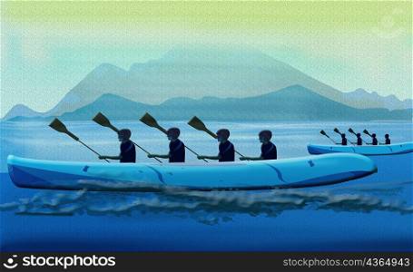 Side profile of a group of people in a boat race