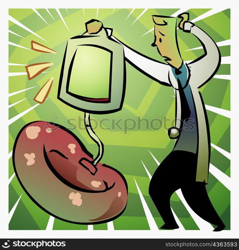 Side profile of a male doctor holding a blood bag over a red blood cell