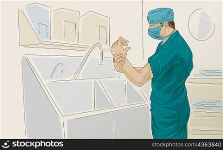 Side profile of a male surgeon washing hands under a faucet