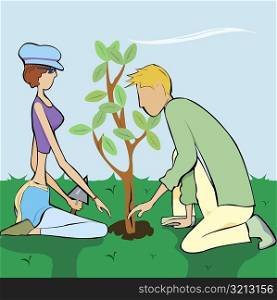 Side profile of a man and a woman planting a tree