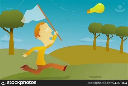 Side profile of a man chasing a light bulb with a butterfly net