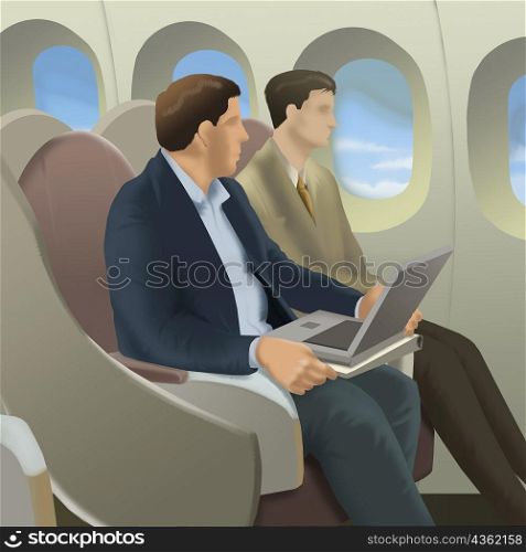 Side profile of a man sitting with another man holding a laptop in an airplane