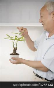 Side profile of a mature man holding a potted plant