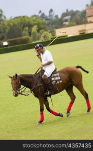 Side profile of a mature man playing polo