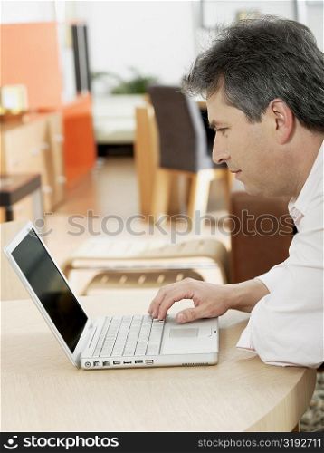 Side profile of a mature man using a laptop
