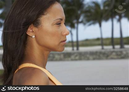 Side profile of a mature woman thinking, South Beach, Miami Beach, Florida, USA