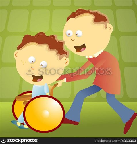Side profile of a mid adult man pushing his son on a wheelchair