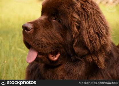 Side profile of a Newfoundland dog’s head outside in the sun.