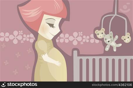 Side profile of a pregnant woman standing beside a crib