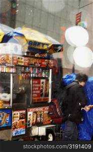 Side profile of a tourist in front of market stall, New York City, New York State, USA