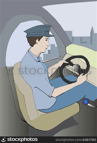 Side profile of a truck driver driving a truck
