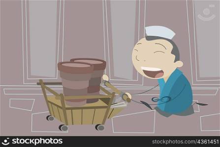 Side profile of a waiter carrying a stack of bowls on a push cart