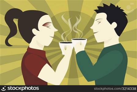 Side profile of a woman and a man toasting tea cups
