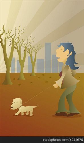 Side profile of a woman walking with her dog