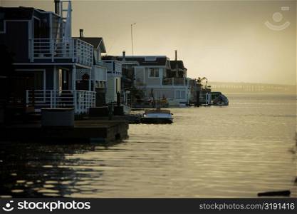 Side profile of boathouses, Sausalito, California, USA