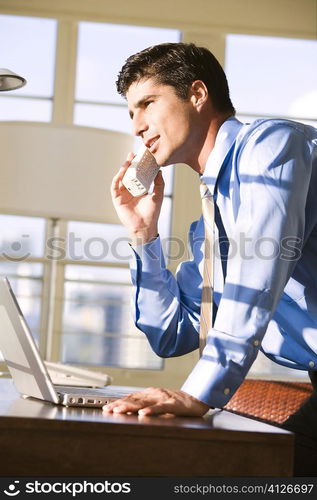 Side profile of businessman talking on a cordless phone