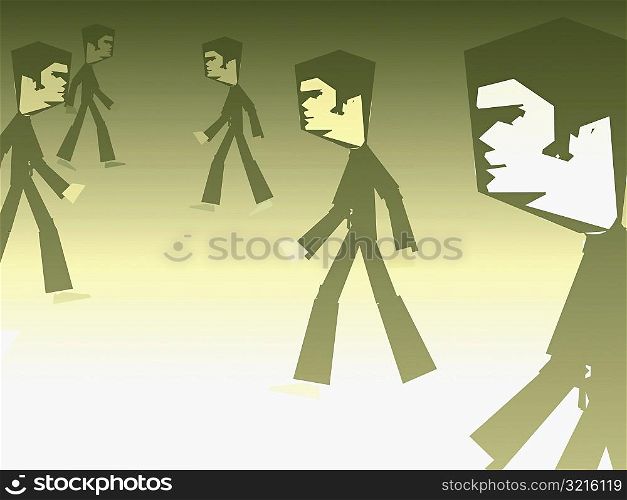 Side profile of five men walking