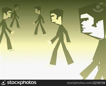 Side profile of five men walking