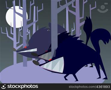 Side profile of three wild boars in a forest