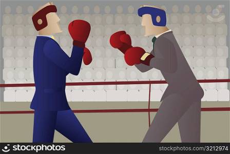 Side profile of two businessmen boxing in a boxing ring