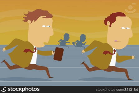 Side profile of two businessmen running a relay race