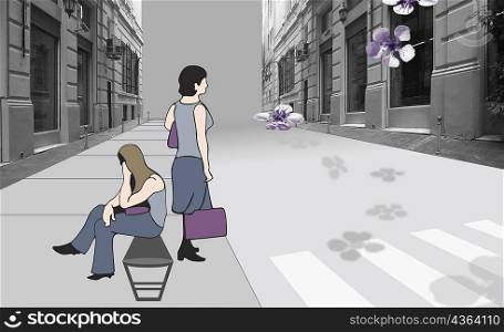 Side profile of two women on the sidewalk