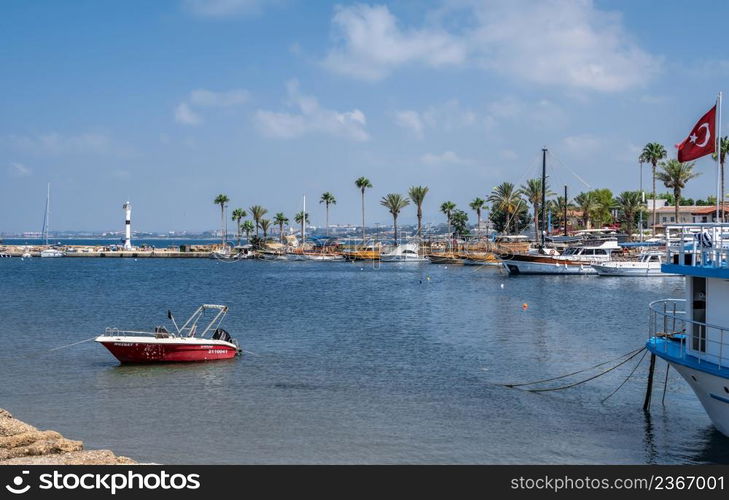 Side, Turkey 18.07.2021. Coast near the Ancient city of Side in Antalya province of Turkey on a sunny summer day. Coast near the Side ancient city in Antalya province of Turkey