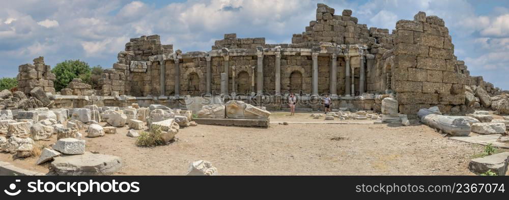 Side, Turkey 18.07.2021. Ruins of the Ancient city of Side in Antalya province of Turkey. Side ancient city ruins in Antalya province of Turkey