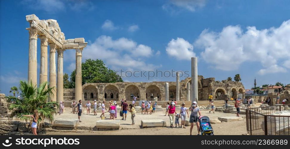 Side, Turkey 18.07.2021. Temple of Apollo in the Ancient city of Side in Antalya province of Turkey. Temple of Apollo in Side, Turkey