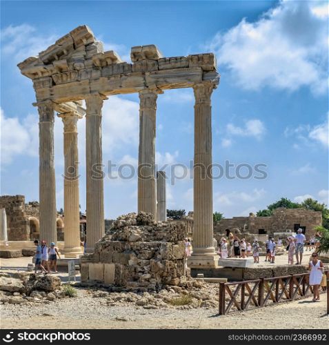 Side, Turkey 18.07.2021. Temple of Apollo in the Ancient city of Side in Antalya province of Turkey. Temple of Apollo in Side, Turkey