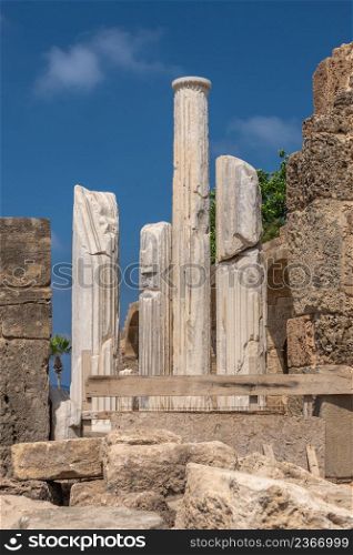 Side, Turkey 18.07.2021. Temple of Apollo in the Ancient city of Side in Antalya province of Turkey. Temple of Apollo in Side, Turkey