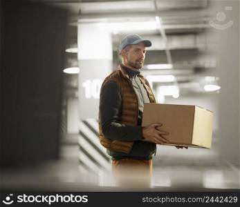 side view delivery man with package