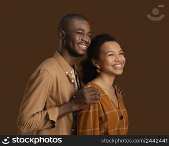 side view embraced smiley couple 4