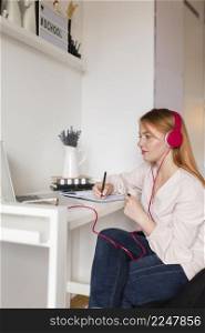 side view female teacher with headphone holding online class