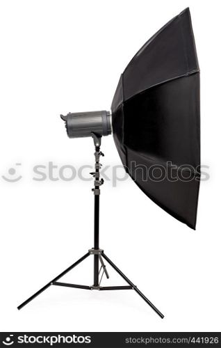 side view flash with octagonal softbox on stand, studio equipment close-up on a white background