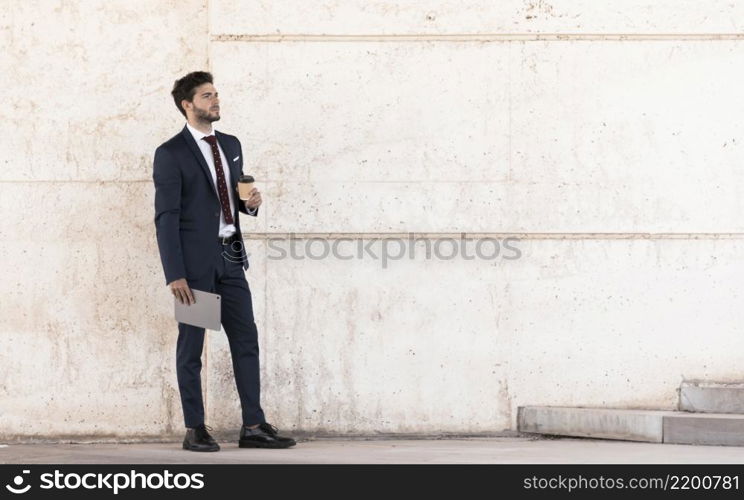 side view lawyer with tablet coffee