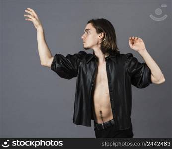side view man with make up leather jacket