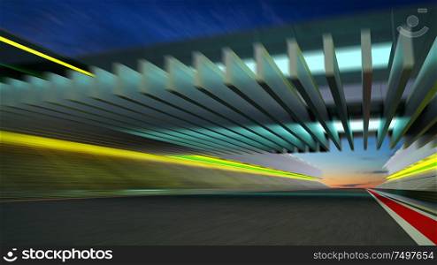 Side view motion blur empty asphalt international race track with modern iron facade bridge.