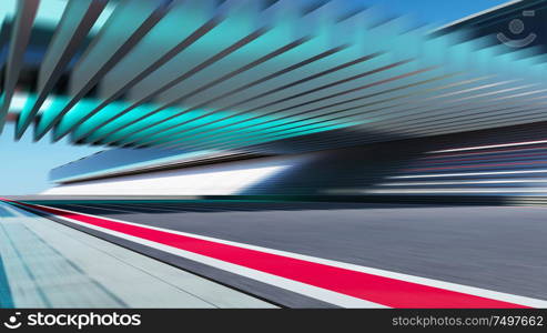 Side view motion blur empty asphalt international race track with red and white safety line.