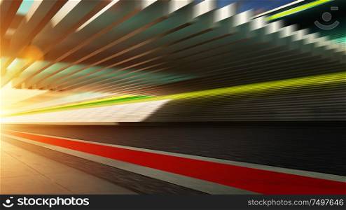 Side view motion blurred racetrack with sunset background .