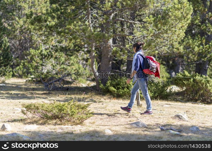 Side view of a backpacker woman hiking