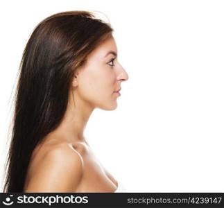 side view of a beautiful woman. side view of a beautiful brunette woman on white background