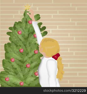 Side view of a girl putting Christmas ornaments on a Christmas tree